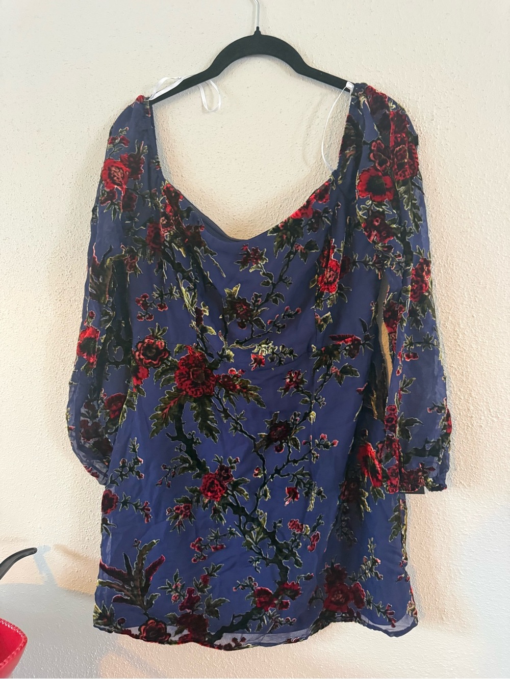 Lulu's Navy Dress with Red and Olive Velvet Floral